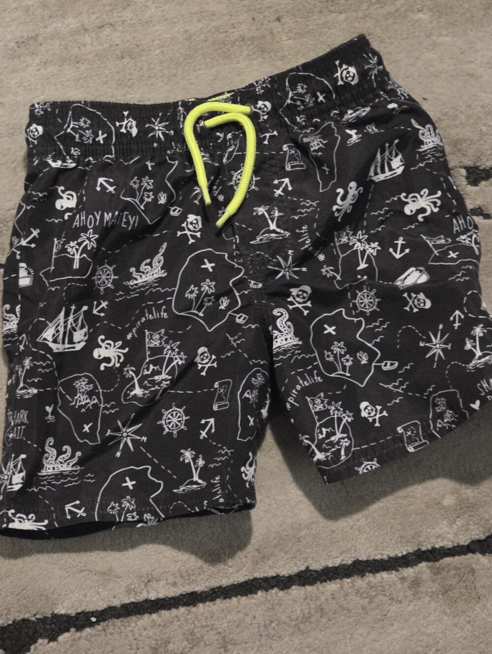 Black Pirate Map Print Kids Swim Shorts with Neon Drawstring 3 Ans